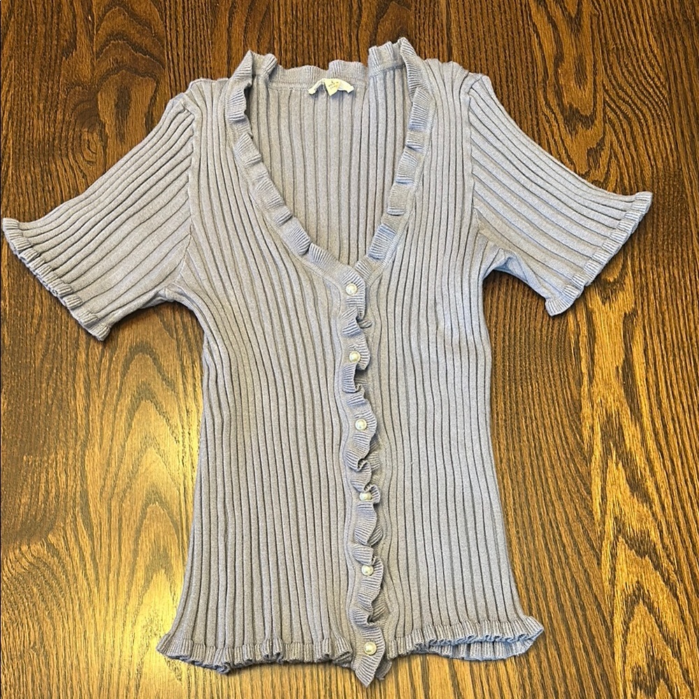 Ruffled Ribbed Knit Sweater Top with Pearl Buttons